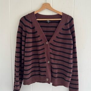 bobeau Brown & Black Striped V-Neck Button Cardigan